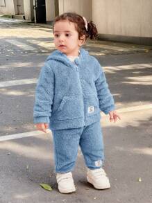 SHEIN 2pcs Baby Girl Cute Solid Color Fluffy Hooded Jacket And Pants Set, Autumn/Winter - Blue - View 7