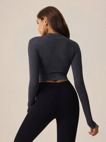 SHEIN Sports 女式无缝高弹力前拉链长袖短款运动夹克 - 灰色 - 查看 2