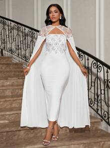 SHEIN Lady Women Glitter Fringe Long Poncho Cape And Fitted Elegant Dress Set For Party Occasion - Apricot - View 5