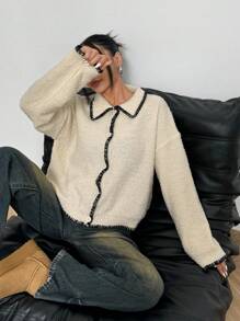 Flirla 1 pieza Cárdigan casual, diario, para ir al trabajo de cuello en V con ribete de contraste, estilo minimalista y holgado para mujer
