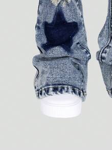 SHEIN Young Girl' Medium Wash Blue Star Applique Embroidery Distressed Skinny Flare Jeans, School, Campus, College Summer Holiday - Medium Wash - View 3