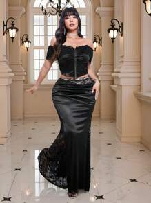Allurite Plus Size Women's Sexy Contrast Lace Off-Shoulder Short Sleeve Top And Contrast Lace Mermaid Hem Midi Skirt 2 Pieces Set, Elegant Party Outfit, Spring/Autumn - Black - View 3