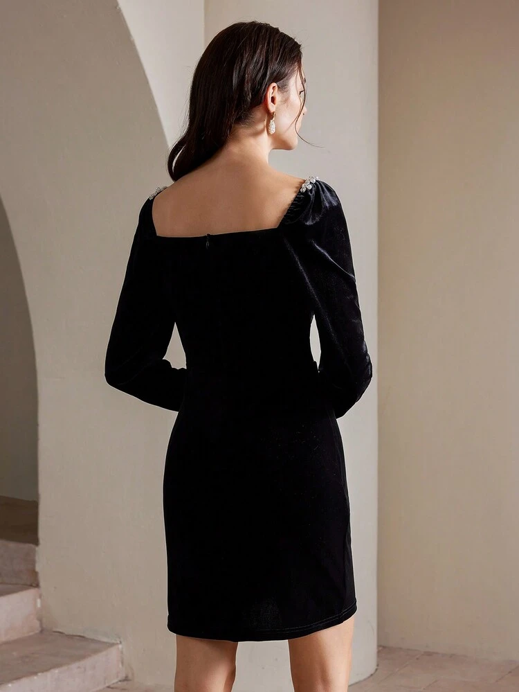 Vestido corto y casual de manga larga con cuello corazón para fiestas y vacaciones, ropa de mujer de terciopelo