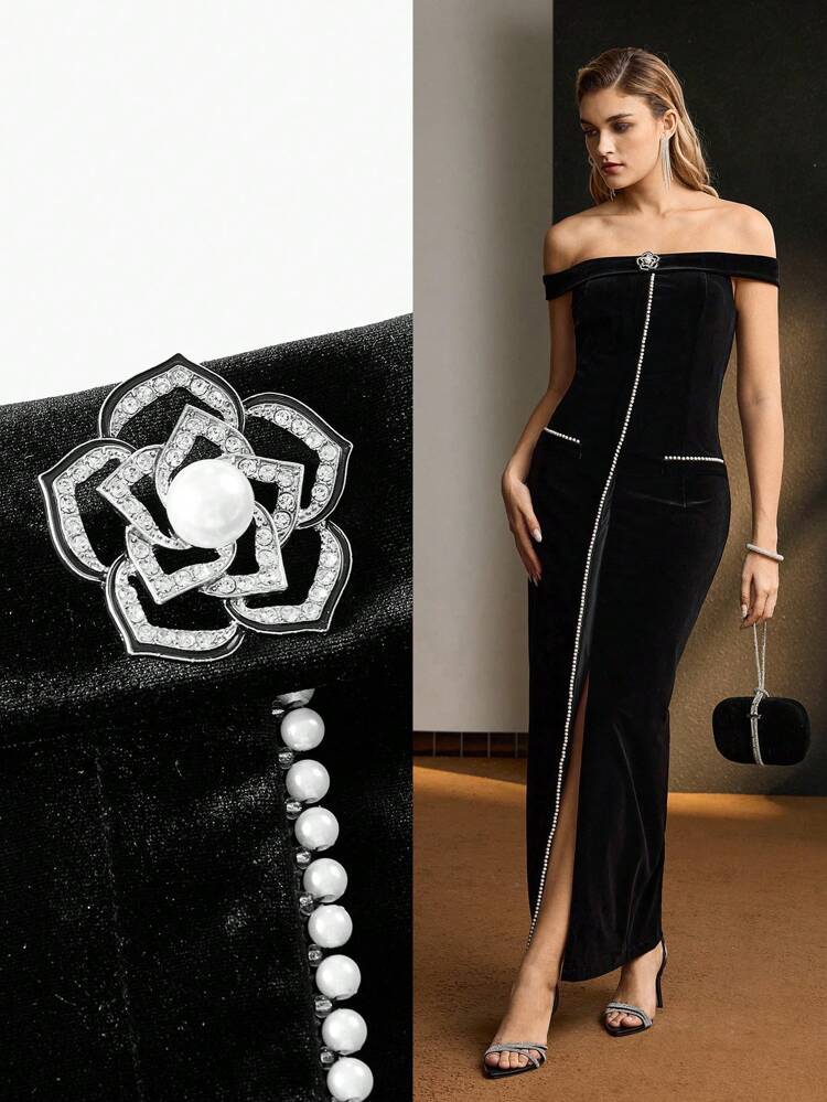 MOTF Soiréza VELVET OFF SHOULDER FAUX PEARL TRIM SPLIT THIGH LONG DRESS