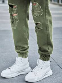 Manfinity LEGND Men's Front Lace-Up Pocket Distressed Simple Casual Jeans - Army Green - View 6