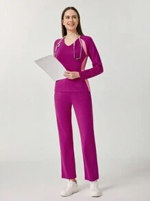 TaskEZ 女式 V 领长袖撞色紧身高弹力面料双口袋工作服上衣和松紧腰带头直筒裤下装，健康检查手术服制服女式纯色宠物美容工作服洗刷套装营养师工作服短袖实验室工作服女式两件套，多口袋功能性工作服，上衣领子带有纽扣，方便穿脱，下身松紧腰带，方便穿脱，功能性女装可以在圣诞节穿着 - 玫紅色 - 查看 1