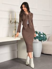 Mulvari Women Solid Color Fluffy Splice Long Sleeve Top And Mini Skirt Elegant 2 Pieces Set 2 Pieces Set