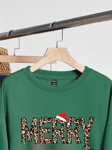 SHEIN EZwear Casual Minimalist Christmas Leopard Print English Text Graphic Round Neck Loose Fit Thick Sweatshirt For Women, Suitable For Autumn/Winter