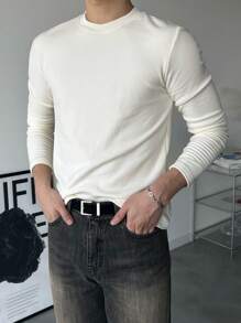 DAZY 男士纯色圆领长袖休闲T恤，秋季 - 白色 - 查看 4