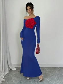 Elenzga 斜肩 3D 碎花修身鱼尾下摆长款连衣裙 - 寶藍色 - 查看 3