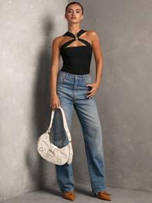 SHEIN BAE Women Simple Solid Color Hollow Out Fitted Bodysuit - Black - View 4