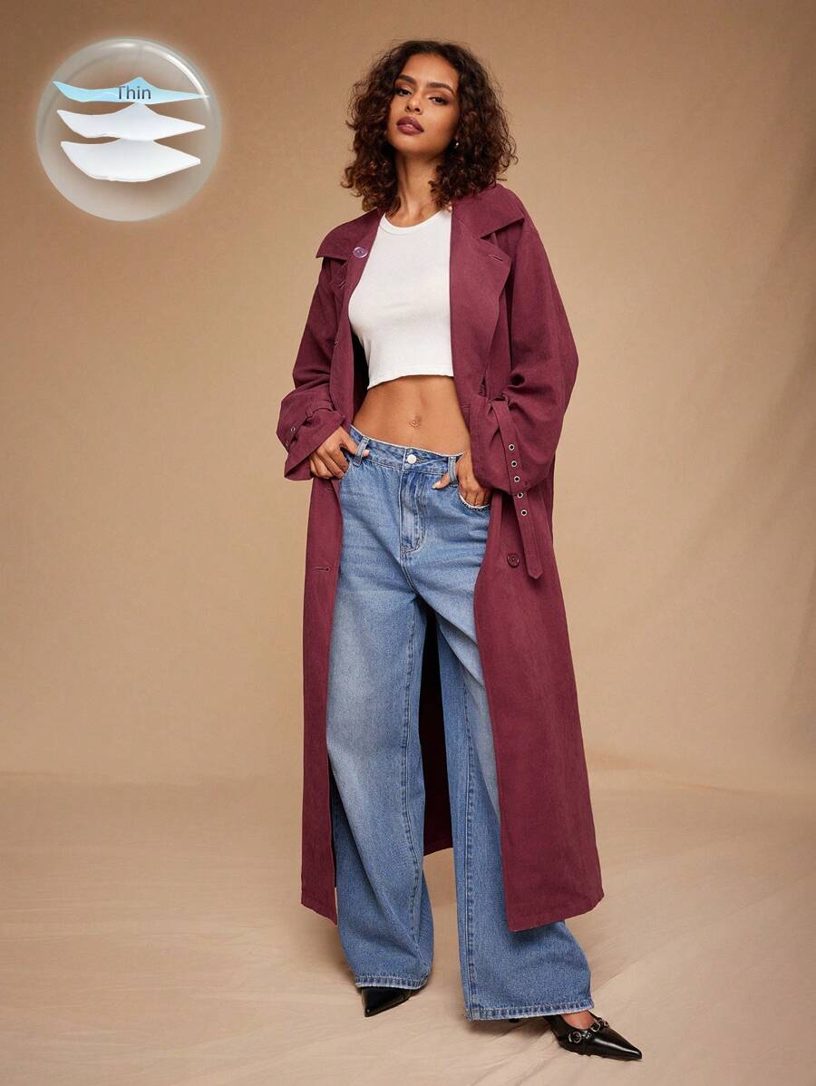 Forever 21 新款秋冬翻领腰带宽松长款风衣 - 酒紅色 - 查看 1