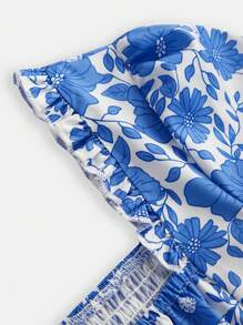 Teen Girl Elegant Floral Ruffle Off Shoulder Long Sleeve Short Dress, Valentine's Day, Blue Flower Long Sleeve Dress - Blue - View 3