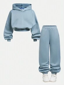 SHEIN Leap Crew Tween Girls Casual Knitted Hoodie Sweatshirt And Drawstring Pants Set - Dusty Blue - View 8