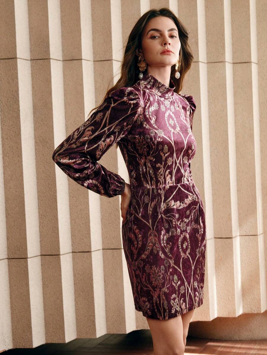 Anewsta 女士短款休闲立领长袖迷你连衣裙新年节日聚会服装酒红色天鹅绒女装 - 酒紅色 - 查看 1