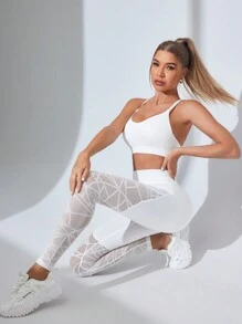 Easithlete Fashionable High Waist Seamless Mesh Contrast Active Leggings Yoga Women Pants - White - View 7