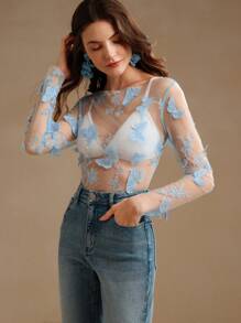 Anewsta Áo cánh ren bướm lưới thêu cho nữ, tay dài - Màu xanh lam - Xem 3