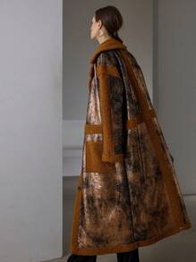 Aveloria Modichic 年轻时尚街头风格纽扣前金箔拼接仿羊羔领超长女士大衣，秋季仿皮飞行员夹克带博格衬里节日派对服装 - 彩色 - 查看 5