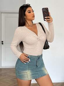 SHEIN EZwear Bộ đồ liền thân xoắn quả mơ cỡ lớn thường ngày, quần áo mùa thu, mùa đông cho phụ nữ - Màu be - Xem 5