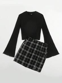 SHEIN EZwear Lettuce Trim Bell Sleeve Top & Slit Hem Plaid Skirt Set - Black - View 5