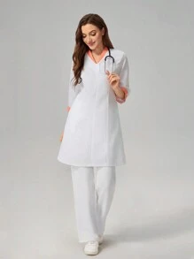 TaskEZ Plain Color Block Long Sleeve Button Simple Casual Nurse Dress Set Scrub Set Nurse Dresses Scrub Tops Scrub Bottoms Lab Coats Scrub Outwear - White - View 6
