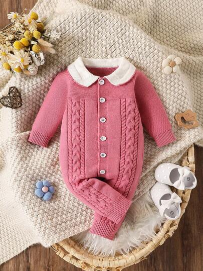 Spädbarns höst/vinter Ny turndown-krage stickad byxa, bedårande enfärgad Casual tjock stickad framtill Öppen långärmad hellängd jumpsuit, mjuk och varm tröja