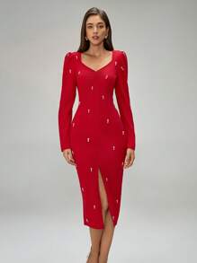 Chiquease 优雅 V 领长袖连衣裙，适合新年服装，长款女装 - 紅色 - 查看 6