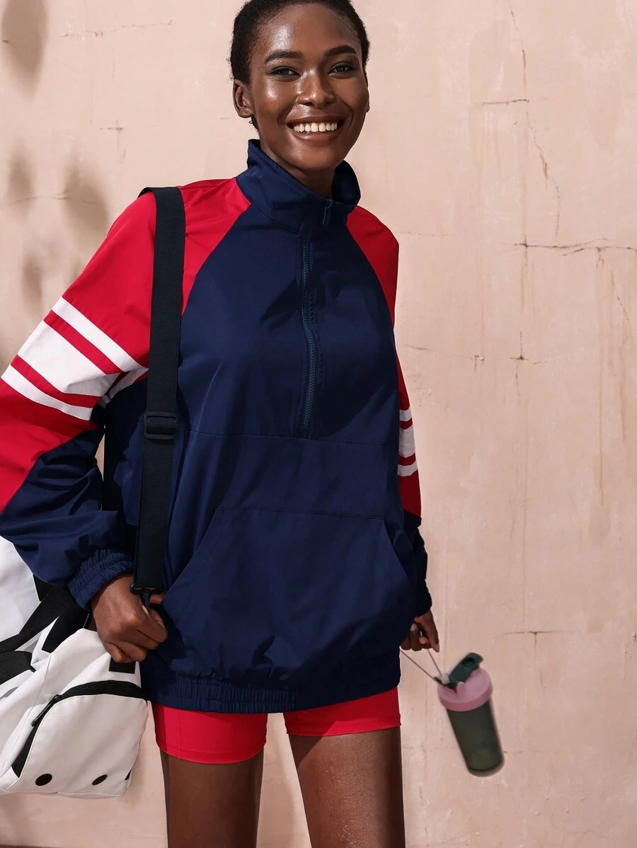 VARSITIE Chaqueta deportiva informal suelta de mujer con estampado de rayas y contraste de colores - Azul - Ver 1