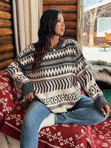 Calvaya Femmes grande taille Pull ample décontracté à manches longues avec rayures ondulées et épaules tombantes pour l'automne/hiver