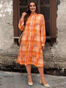 EMERY ROSE Plus Size Plaid Print Button-Down Long Sleeve Country Casual Dress,Winter Clothes For Women