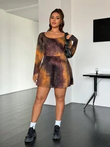 SHEIN EZwear Jumpsuit nữ size lớn họa tiết nhuộm tie-dye, cổ tròn, tay dài, phong cách thường ngày, mùa thu - Nhiều màu - Xem 2
