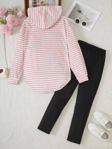 2pcs Teen Girl Striped Minimalist Hooded Long Sleeve Top And Pants Set