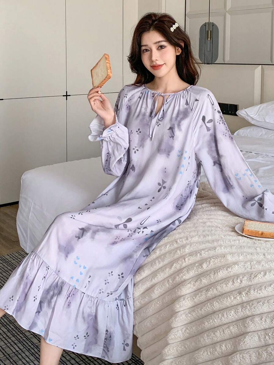 DAZY Tie-Dye Print Loose Draped Tie-Up Collar Ruffle Hem Nightgown Pajama - Purple - View 1