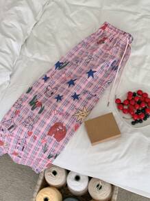 DAZY 格子涂鸦印花宽松直筒睡裤，秋冬款 - 粉色 - 查看 3