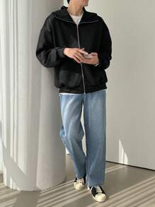 DAZY Men's Solid Color Long Sleeve Zip-Up Hoodie Sweatshirt, Casual For Autumn/Winter - Black - View 5