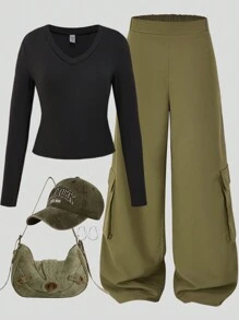 2pcs/Set For Teenage Girls: Ribbed V-Neck Form-Fitting Long Sleeve T-Shirt + Casual Wide Leg Baggy Cargo Pants, Spring And Autumn - Black - View 1