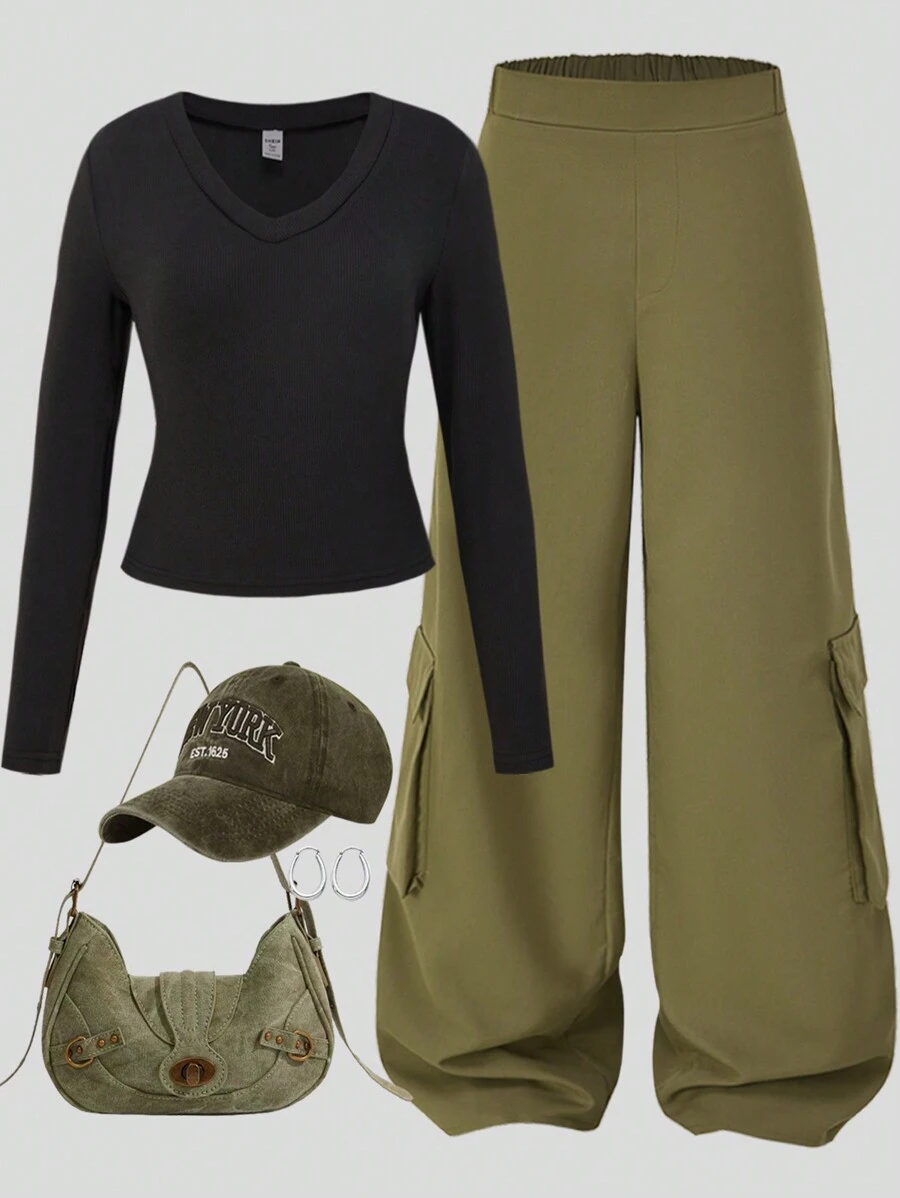 2pcs/Set For Teenage Girls: Ribbed V-Neck Form-Fitting Long Sleeve T-Shirt + Casual Wide Leg Baggy Cargo Pants, Spring And Autumn - Black - View 1