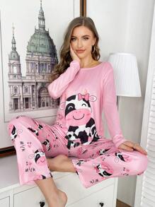 SHEIN Cute Cartoon Cow Print Women Pajama Set, Fall Winter Clothes Cozy And Elegant Details - Multicolor - View 1