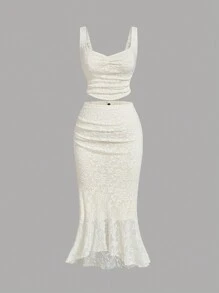 SHEIN MOD 大码杏色蕾丝背心鱼尾裙两件套梦幻正式套装、舞会套装、邮轮女装、90 年代套装、韩国时尚、晚宴套装， - 杏色 - 查看 1