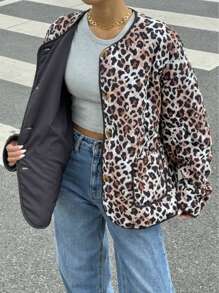 SHEIN Essnce Winter Women's Reversible Street Fashion Leopard Print Velvet Thickened Warm Quilted Jacket Long Coat Fall Cloth For Women - Brown - View 1