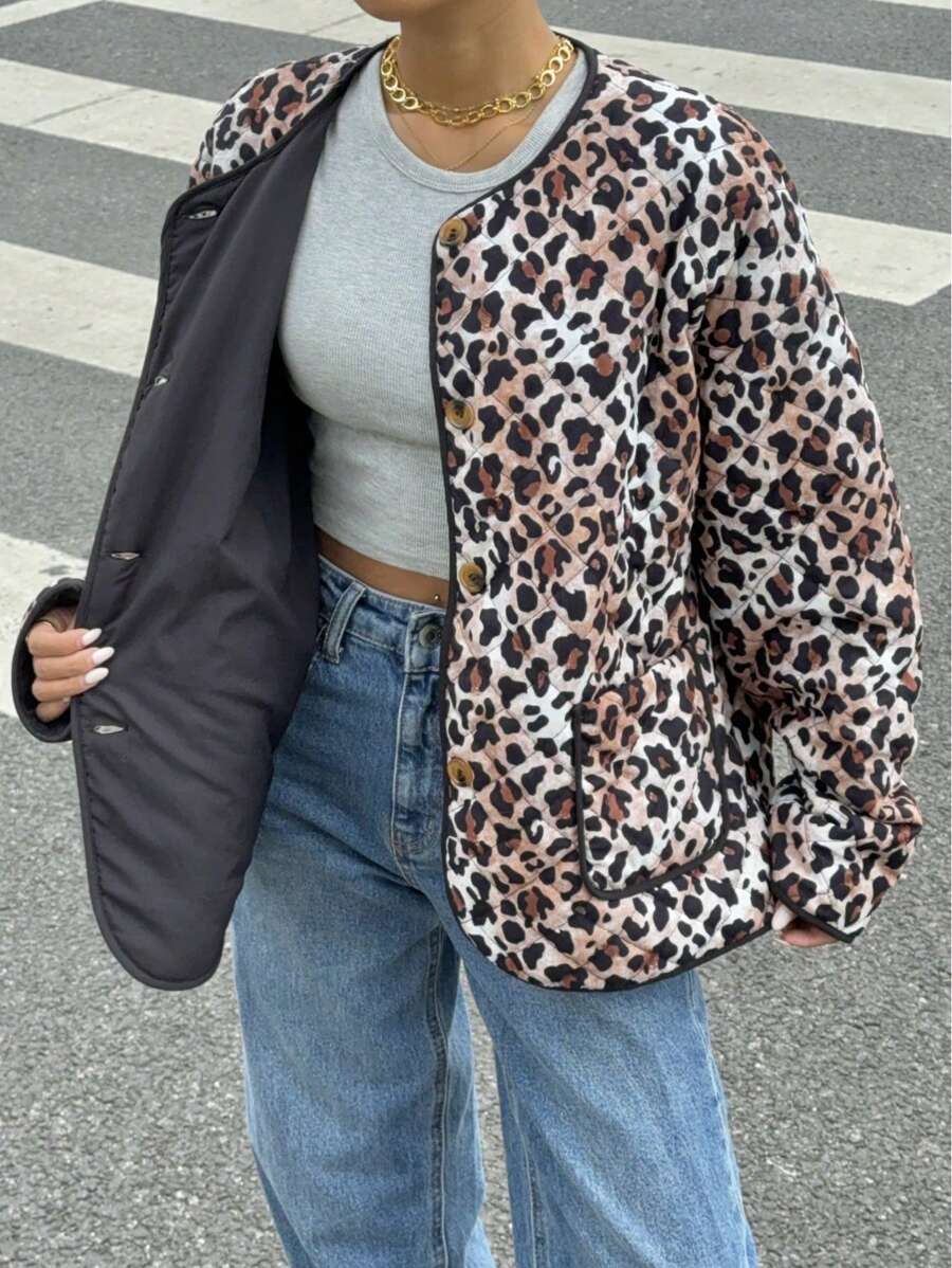 SHEIN Essnce Winter Women's Reversible Street Fashion Leopard Print Velvet Thickened Warm Quilted Jacket Long Coat Fall Cloth For Women - Brown - View 1