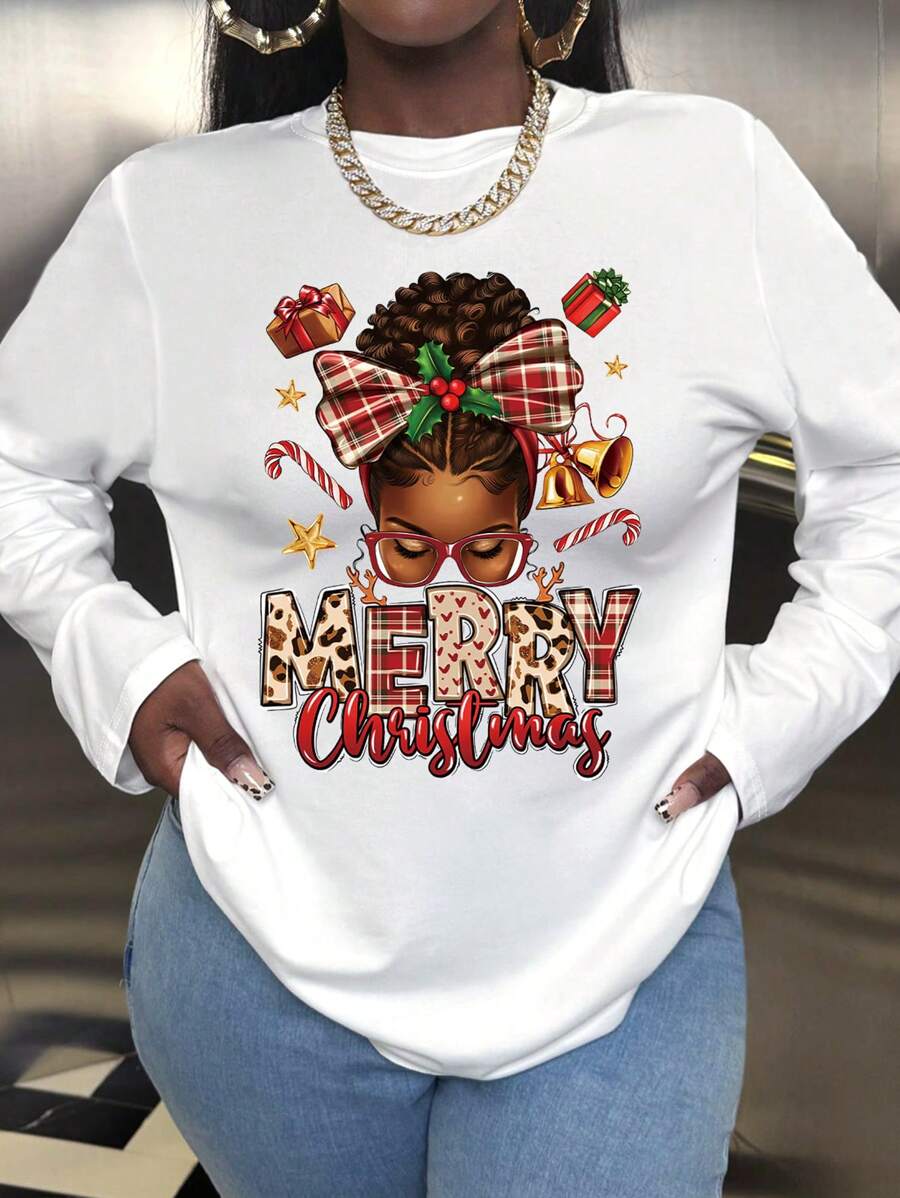 INAWLY 女式卡通女孩图案套头衫，宽松弹力长袖 T 恤，适合圣诞节图案 T 恤女式春季上衣