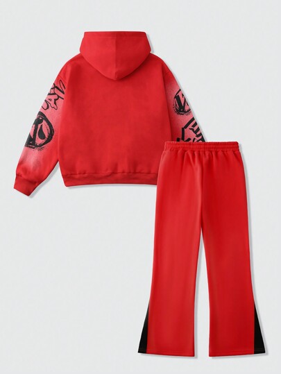 Street Life Men's Autumn Letter & Figure Print Hooded Sweatshirt & Flared Pants Casual Tracksuit