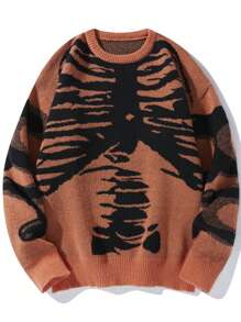 Manfinity EMRG Men's Skeleton Print Round Neck Casual Sweater, Autumn/Winter - Orange - View 1