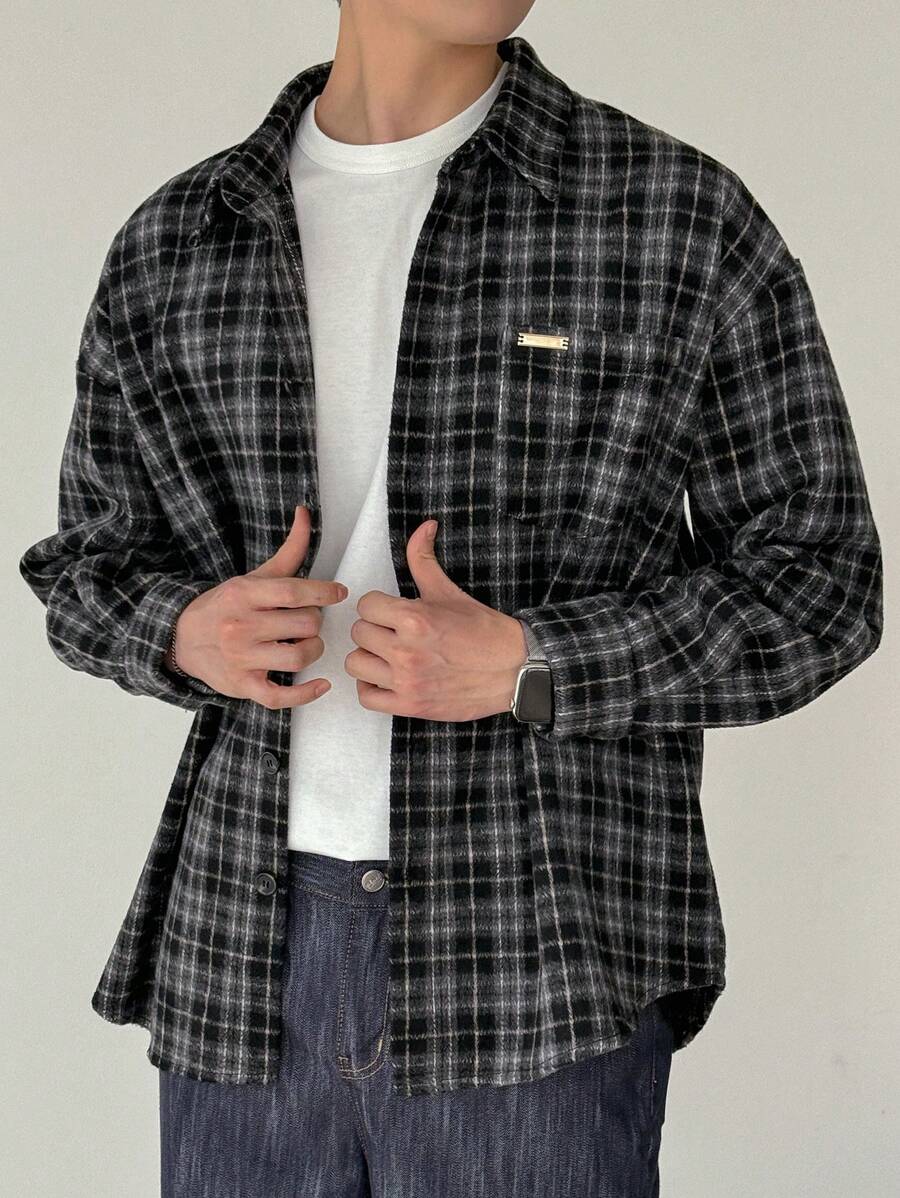 DAZY 男士格子印花休闲正装衬衫，简约时尚，适合日常穿着和秋季服装