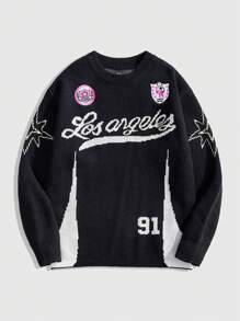 ROMWE MEN Men's Letter Pattern Crew Neck Long Sleeve Casual Sweater For Autumn/Winter - Navy Blue - View 1