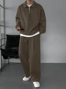 DAZY Men's Solid Color Zip-Up Long Sleeve Top & Pants Set, Minimalist Outfit For Autumn - Rust Brown - View 4