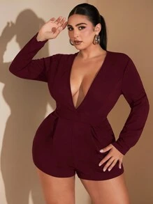 SHEIN BAE Plus Size Women's Autumn/Winter Solid Color Deep V Neck Long Sleeve Tight Fitting Sexy & Elegant Jumpsuit, Suitable For Layering, Romantic Dates, Formal Occasions, Parties, Commuting, Evening Outings - Burgundy - View 2