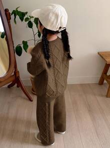 Dazy Kids 年轻女孩纯色圆领长袖简约运动衫和裤子休闲装 - 棕色 - 查看 4