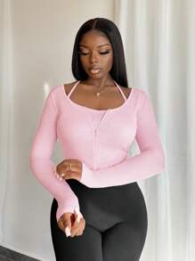 BamGleam Women Spaghetti Strap Sleeveless T-Shirt With Zipper, Pink